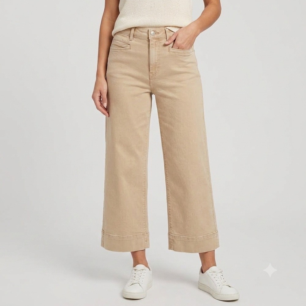 LOFT Wide Leg Crop Pants Women 4 Tan High Waist Khaki Cotton Blend 527792